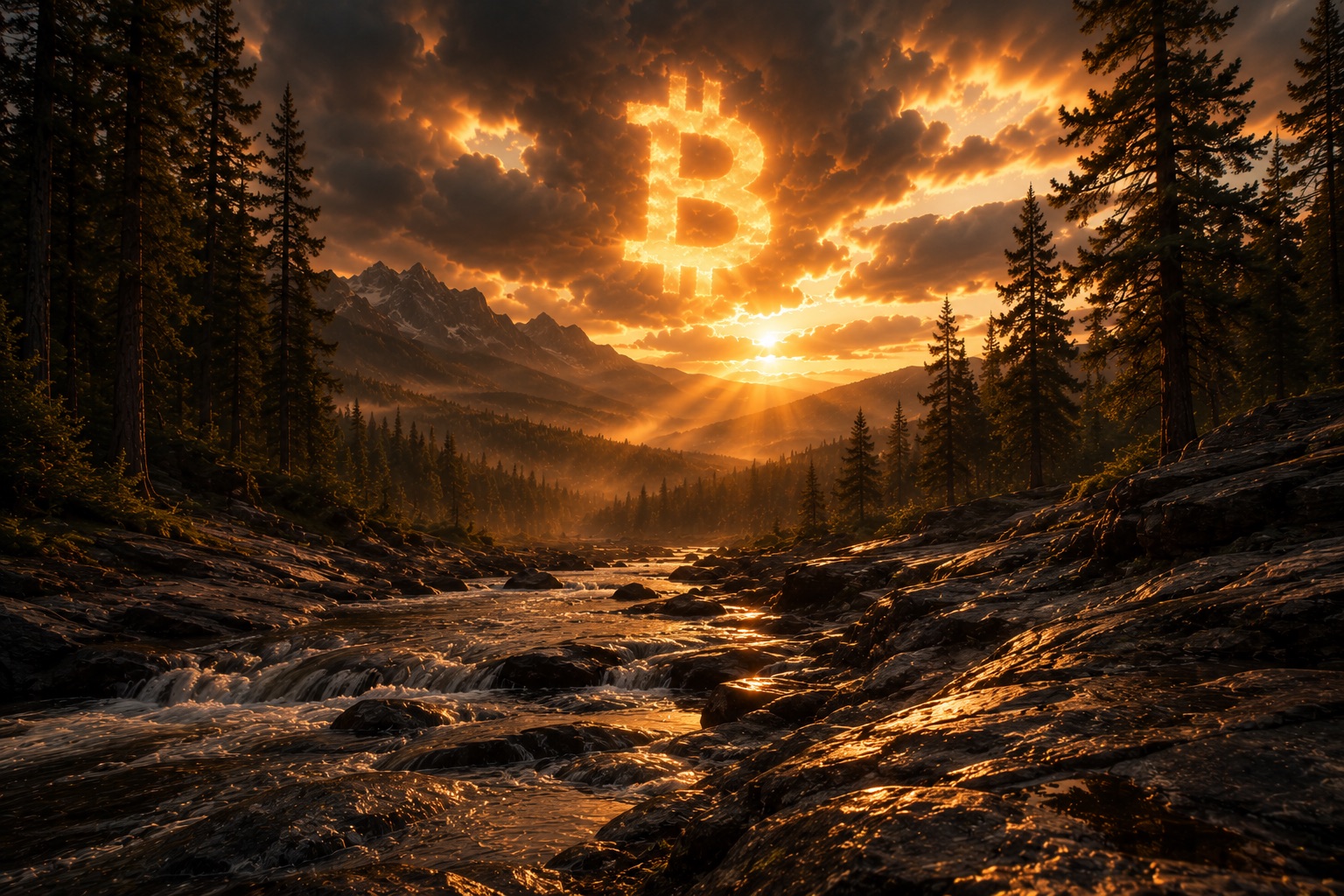 Cinematic golden-hour forest valley with a rocky creek over exposed bedrock, towering pines, mist, storm-lit clouds, and a glowing Bitcoin symbol formed subtly in the sky.