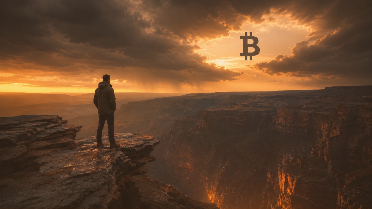 Standing calmly above a stormy ravine, symbolizing conviction built through understanding before Bitcoin volatility puts it to the test.